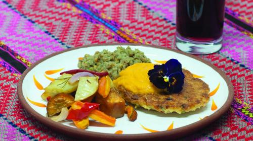 Organic Vegetarian dinner at Willka Tika, quinoa pattie & roasted vegetables